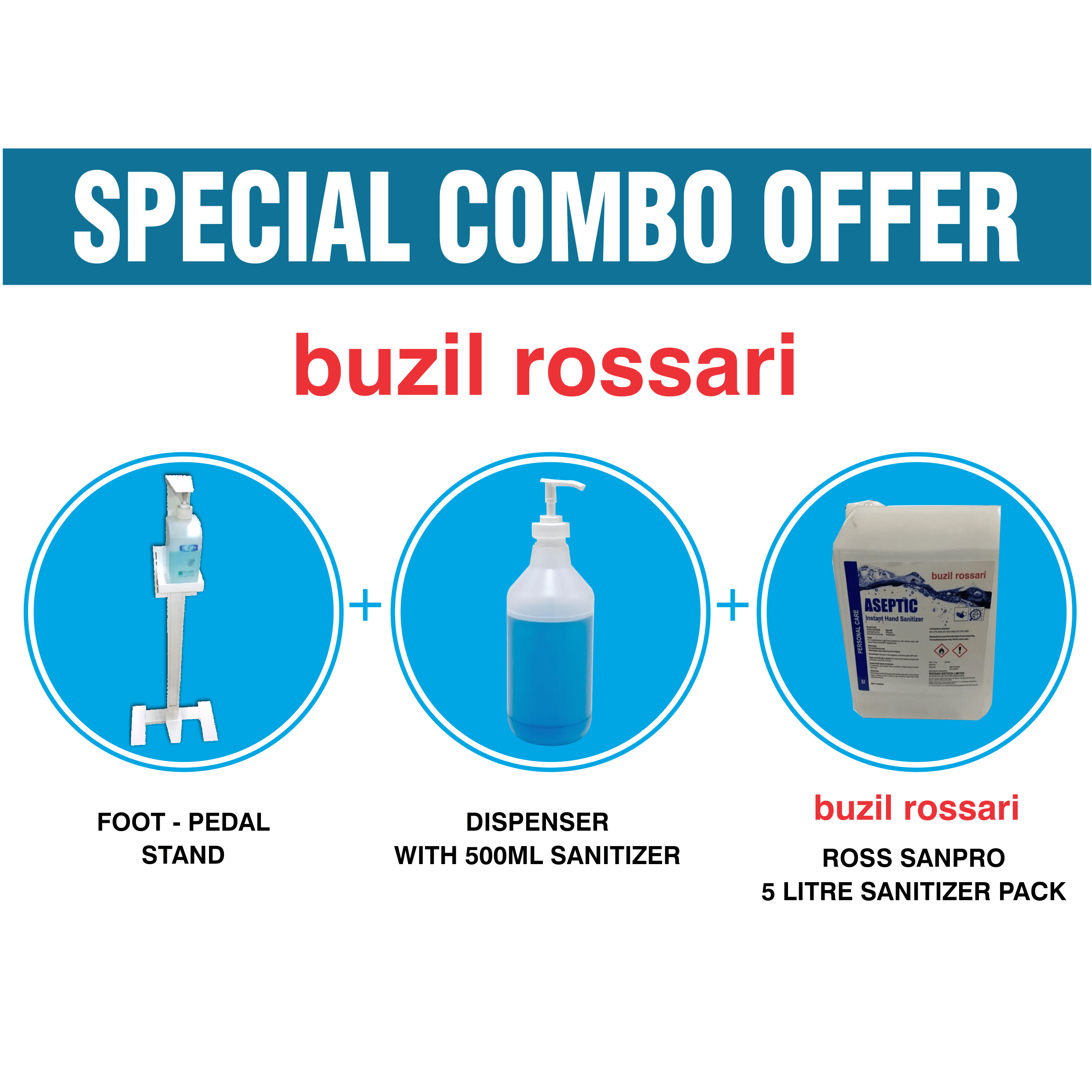 PPE, Combo Offer: Foot-Pedal Stand + Dispenser with 500 ML Sanitizer + Ross Sanpro 5 Litre Sanitizer